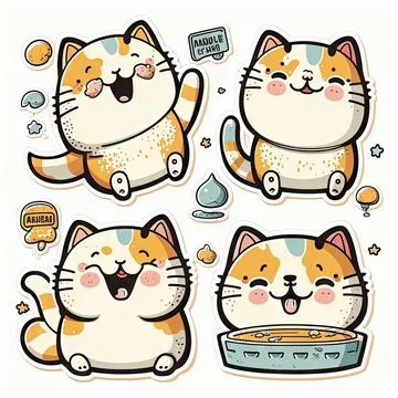 Sticker design with happy cat vector, white background Stock Illustration