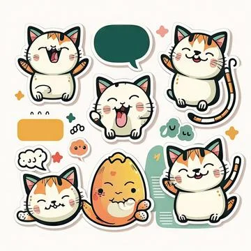 Sticker design with happy cat vector, white background Stock Illustration