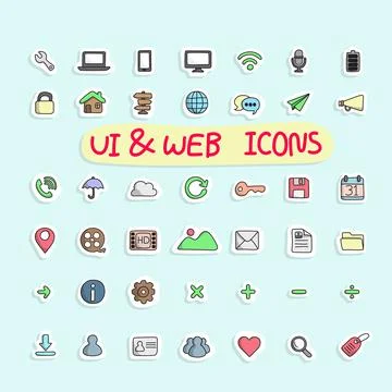 Sticker design icon set of ui and internet vector illustration hand drawn Stockillustratie