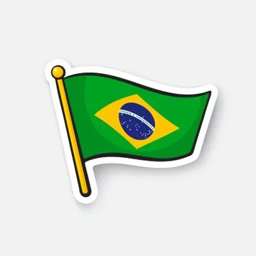 Sticker flag of Brazil on flagstaff Stock Illustration