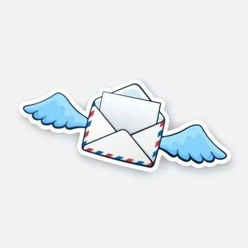 Sticker flying opened envelope with wings Stock Illustration