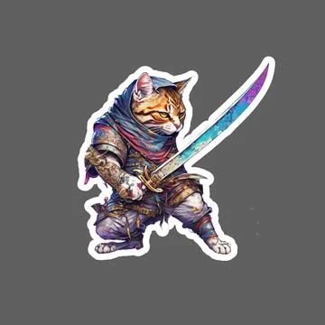 Sticker of graffiti image of a cool anthropomorphic cat mascot sword fencing Stock Illustration