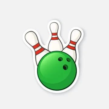 Sticker green bowling ball knocks down pins Stock Illustration