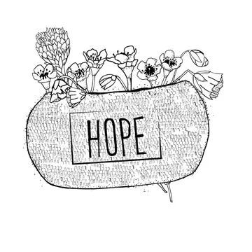 Sticker with "hope" written on it. Spring flowers taped on something. Adult c Stock Illustration
