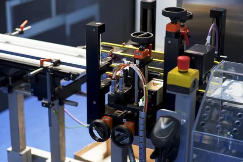 Sticker label printer. Barcode digital printer and applicator machine. Stock Photos