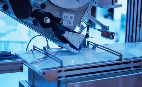 Sticker label printer. Barcode digital printer and applicator machine. Stock Photos