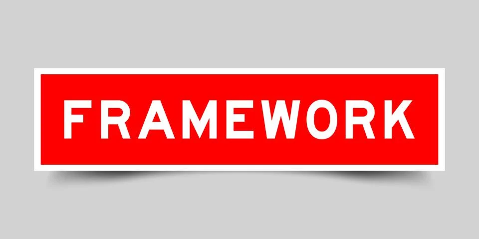 Sticker label with word framework in red color on gray background 库存插图