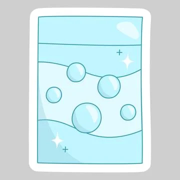 Sticker with laundry detergent package with floating soap bubbles symbolizing Stock Illustration