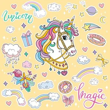 Sticker pack cartoon unicorn vector illustration yellow Stock Illustration