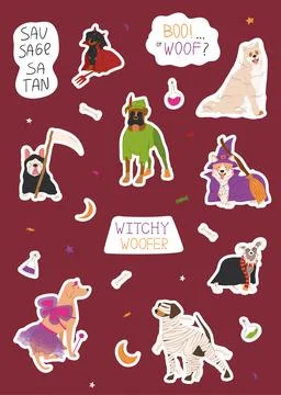Sticker pack with cute dogs in different Halloween costumes. Happy Halloween Stock Illustration