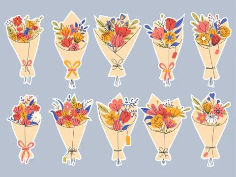 Sticker pack of floral elements. Romantic flower collection with bouquet of f 스톡 일러스트
