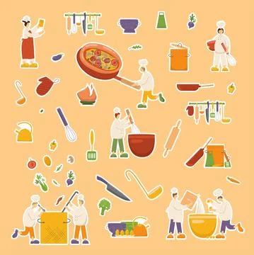 Sticker pack funny chef cook are cooking food, dish on kitchen in restaurant Stock Illustration