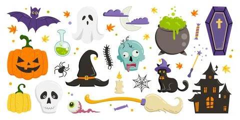 Sticker pack of Halloween cartoon elements. Vector illustration, big set 스톡 일러스트