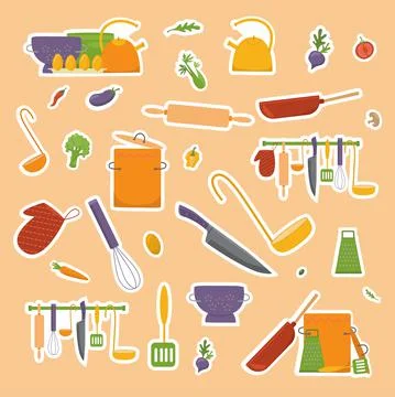 Sticker pack kitchen tools and vegetables for cooking food. Print for recipe Stock Illustration