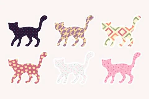 Sticker pack of outline cats with different patterns. Simple cat silhouette Stock Illustration