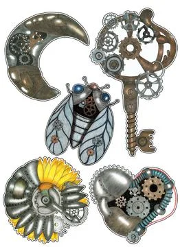 Sticker Pack of Steampunk Elements Drawn by Colored Pencil. Stock Illustration