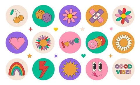 Sticker pack in trendy retro psychedelic style. Stock Illustration
