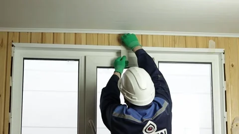 Sticker of a plastic corner on a window Stock Footage 130620387