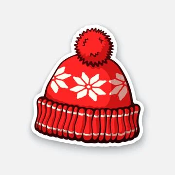 Sticker of red winter hat with pompon and snowflake pattern Stock Illustration