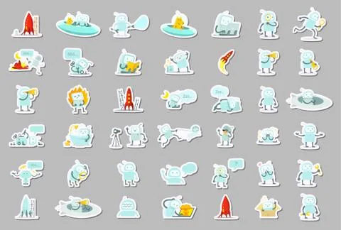 Sticker robots big set character. Search, ufo and others. Collection Stock Illustration