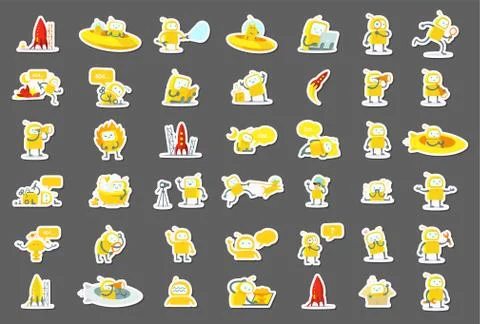 Sticker robots big set character. Yellow color version. Search, ufo and others Stock Illustration
