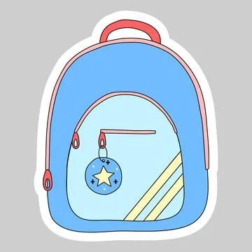 Sticker with school backpack, doodle style vector Illustration