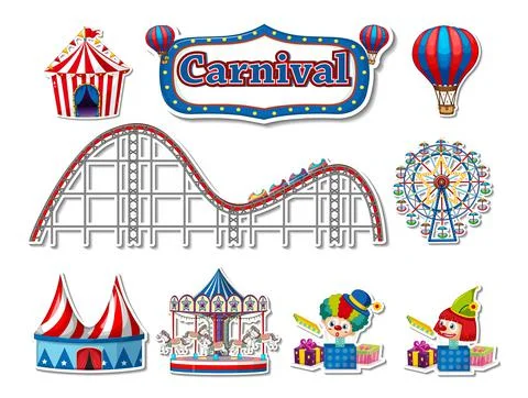 Sticker set of amusement park objects and cartoon characters Ilustração Stock