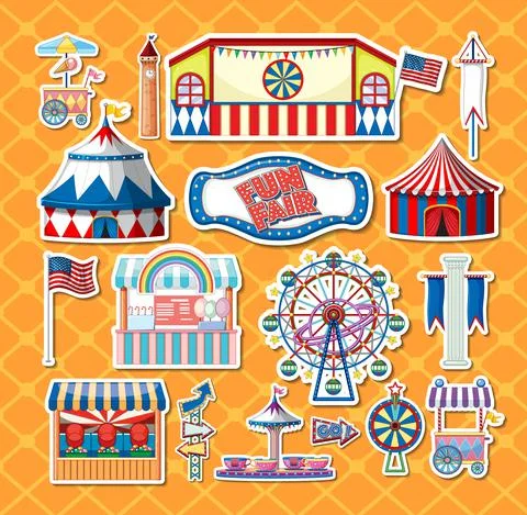 Sticker set of amusement park objects and cartoon characters Ilustración de archivo