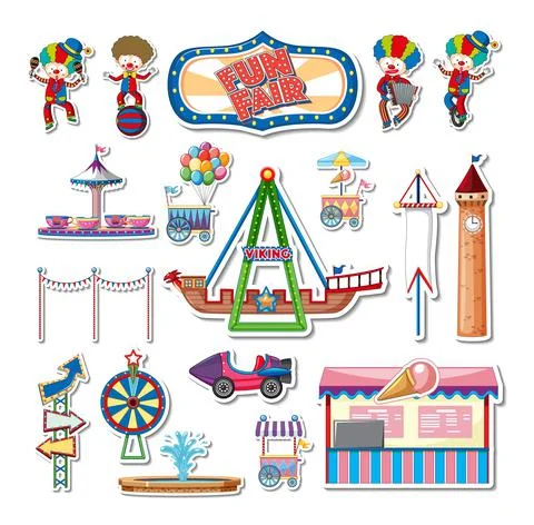 Sticker set of amusement park objects and cartoon characters Ilustración de archivo