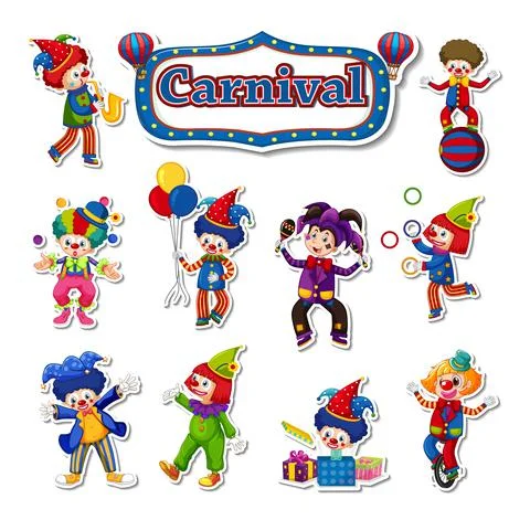 Sticker set of amusement park objects and cartoon characters Ilustración de archivo