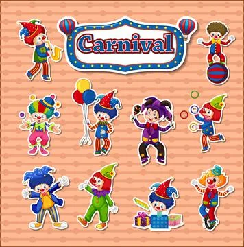 Sticker set of amusement park objects and cartoon characters Ilustración de archivo