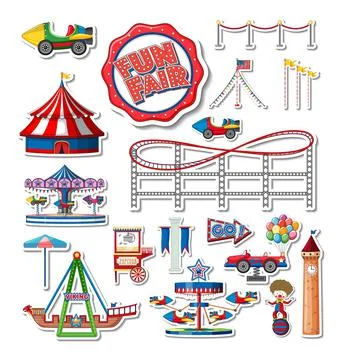 Sticker set of amusement park objects and cartoon characters Ilustración de archivo