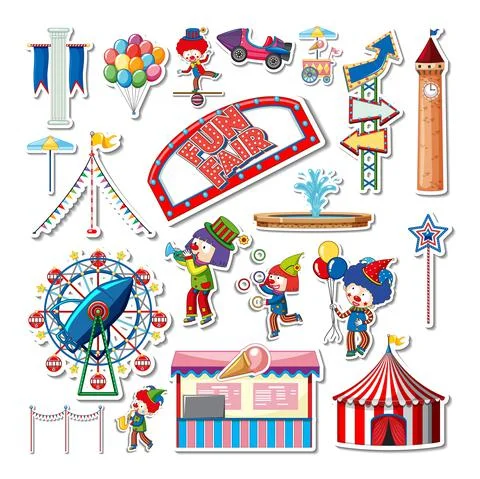 Sticker set of amusement park objects and cartoon characters Ilustración de archivo