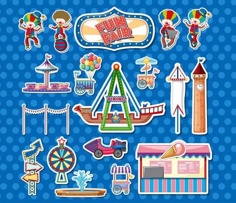 Sticker set of amusement park objects and cartoon characters Ilustração Stock