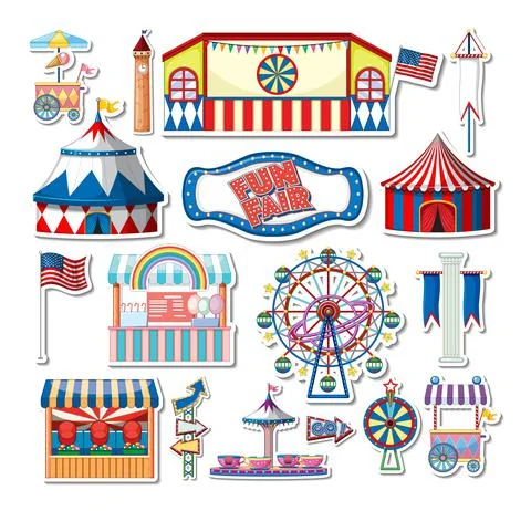 Sticker set of amusement park objects and cartoon characters Ilustração Stock