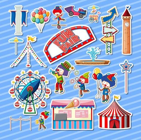Sticker set of amusement park objects and cartoon characters Ilustração Stock
