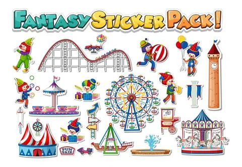 Sticker set of amusement park objects and cartoon characters Ilustración de archivo