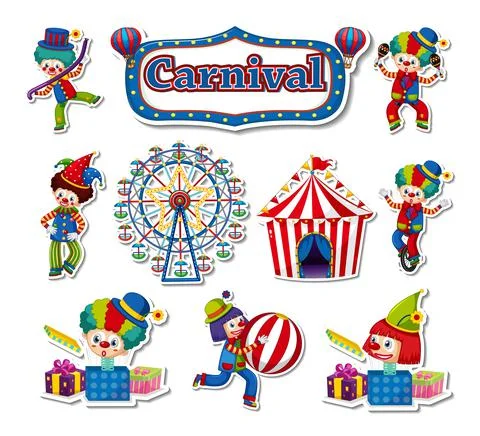 Sticker set of amusement park objects and cartoon characters Ilustração Stock