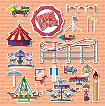 Sticker set of amusement park objects and cartoon characters Ilustração Stock