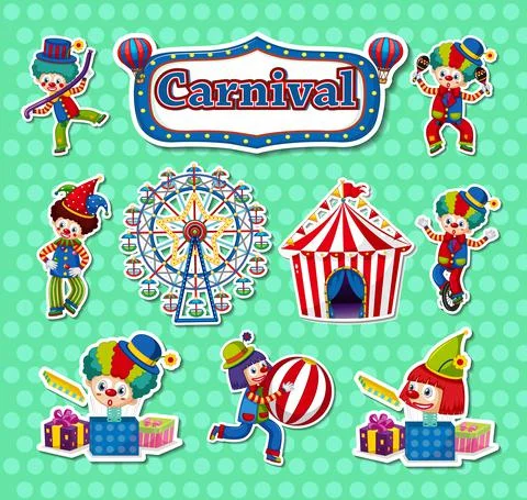 Sticker set of amusement park objects and cartoon characters Ilustração Stock