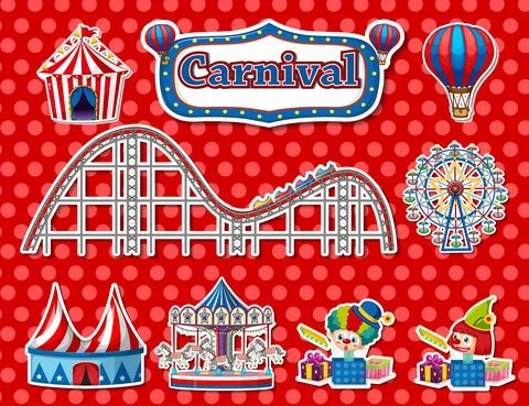 Sticker set of amusement park objects and cartoon characters Ilustración de archivo