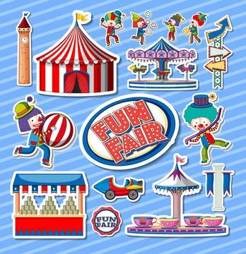 Sticker set of amusement park objects and cartoon characters 스톡 일러스트