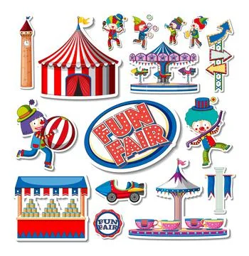 Sticker set of amusement park objects and cartoon characters Ilustração Stock