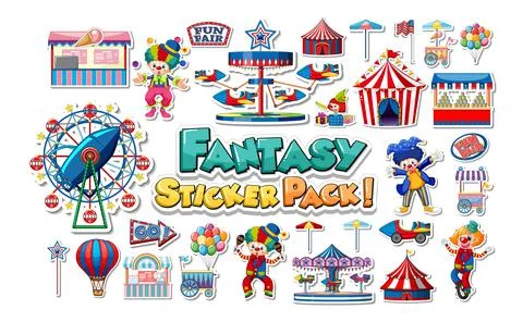 Sticker set of amusement park objects and cartoon characters Ilustração Stock