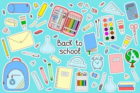 Sticker set with Back to school elements, doodle style vector Stock Illustration