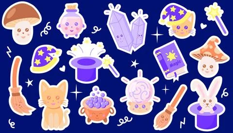 Sticker set with different childrens magic elements, vector in kawaii and Stockillustratie