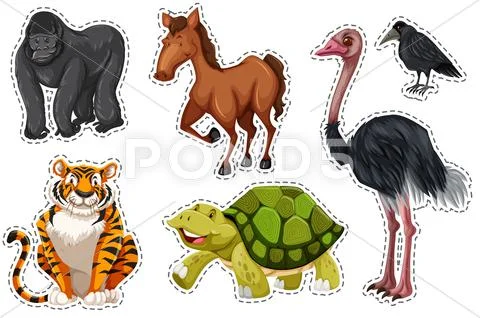 Sticker Set With Different Wild Animals