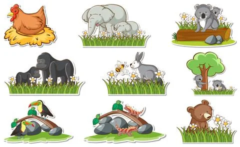 Sticker set with different wild animals and nature elements Stock Illustration
