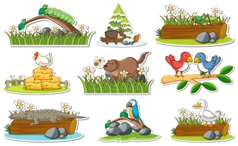 Sticker set with different wild animals and nature elements Stockillustratie