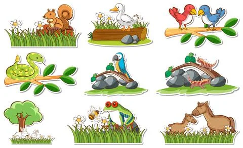 Sticker set with different wild animals and nature elements 库存插图
